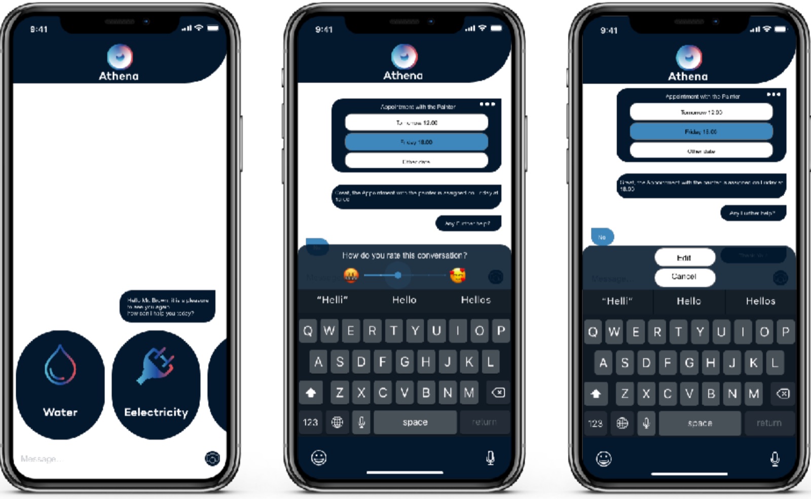Athena chatbot screens on three phones
