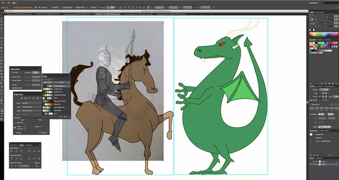 Adobe Illustrator screen showing the knight character being vectorized from a pencil sketch beside the finished dragon