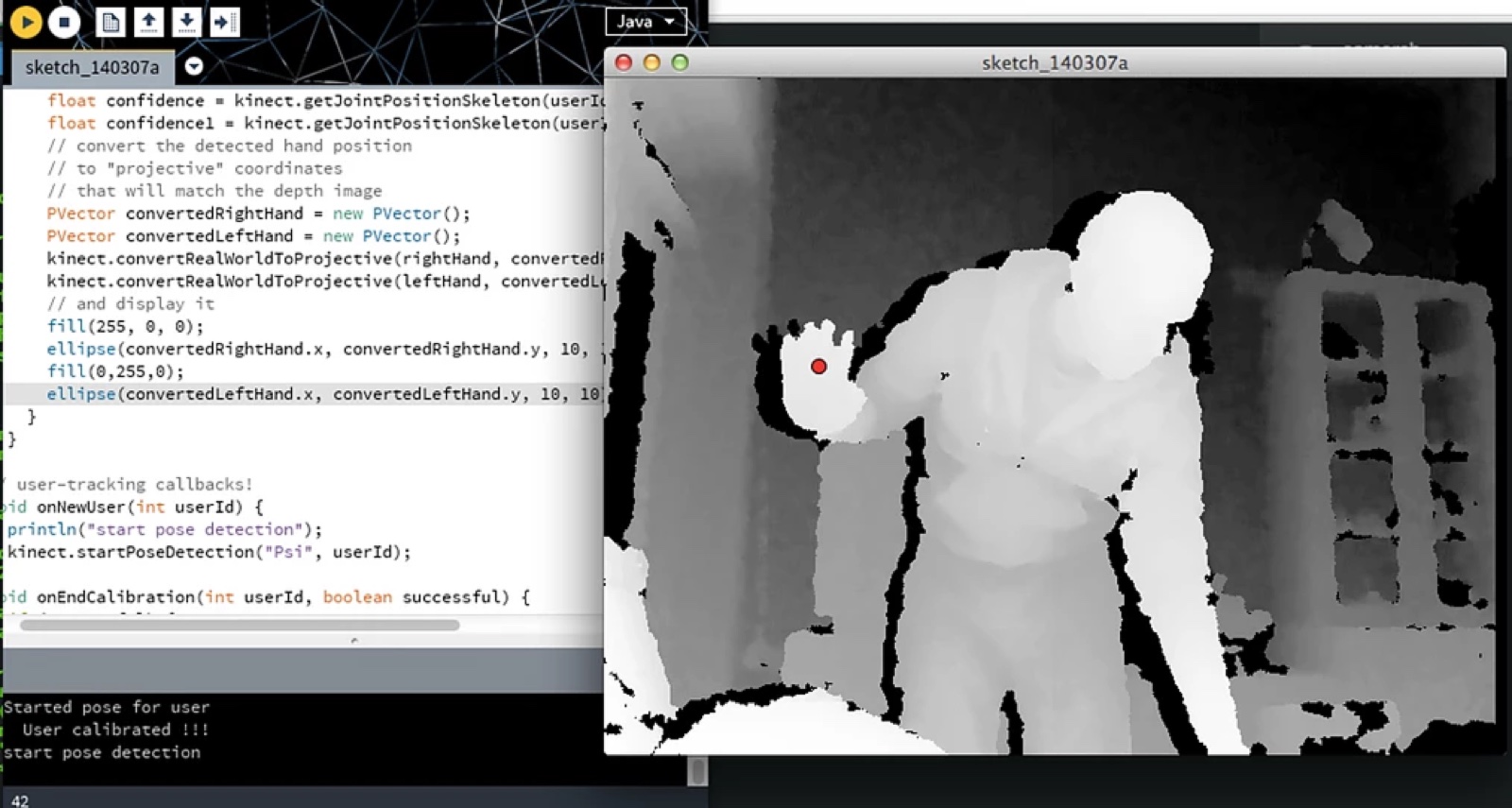 The Processing IDE beside a live Kinect depth image, with skeleton-tracking code reading hand positions off a player