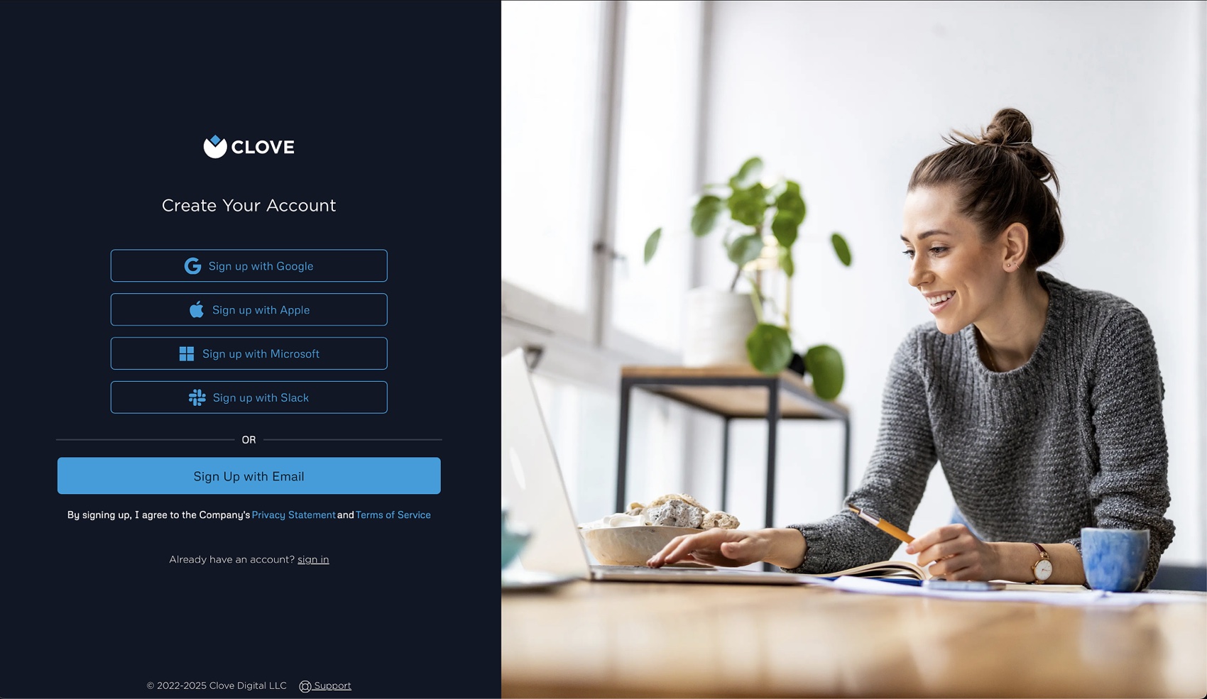 Final Clove account-creation screen with single sign-on options beside a workspace photo