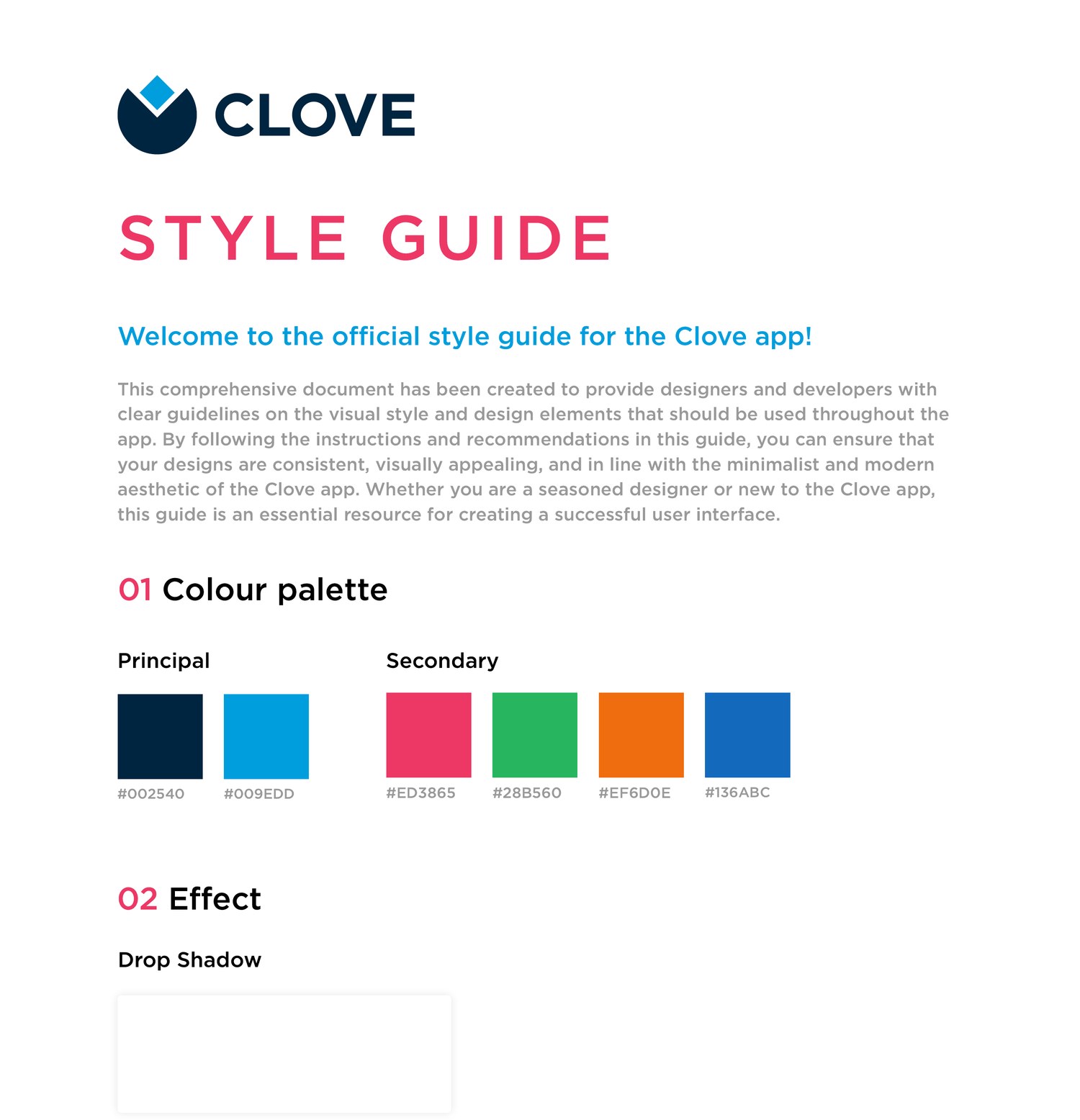 Clove style guide: brand intro, principal and secondary colour palette with hex values, and drop-shadow elevation