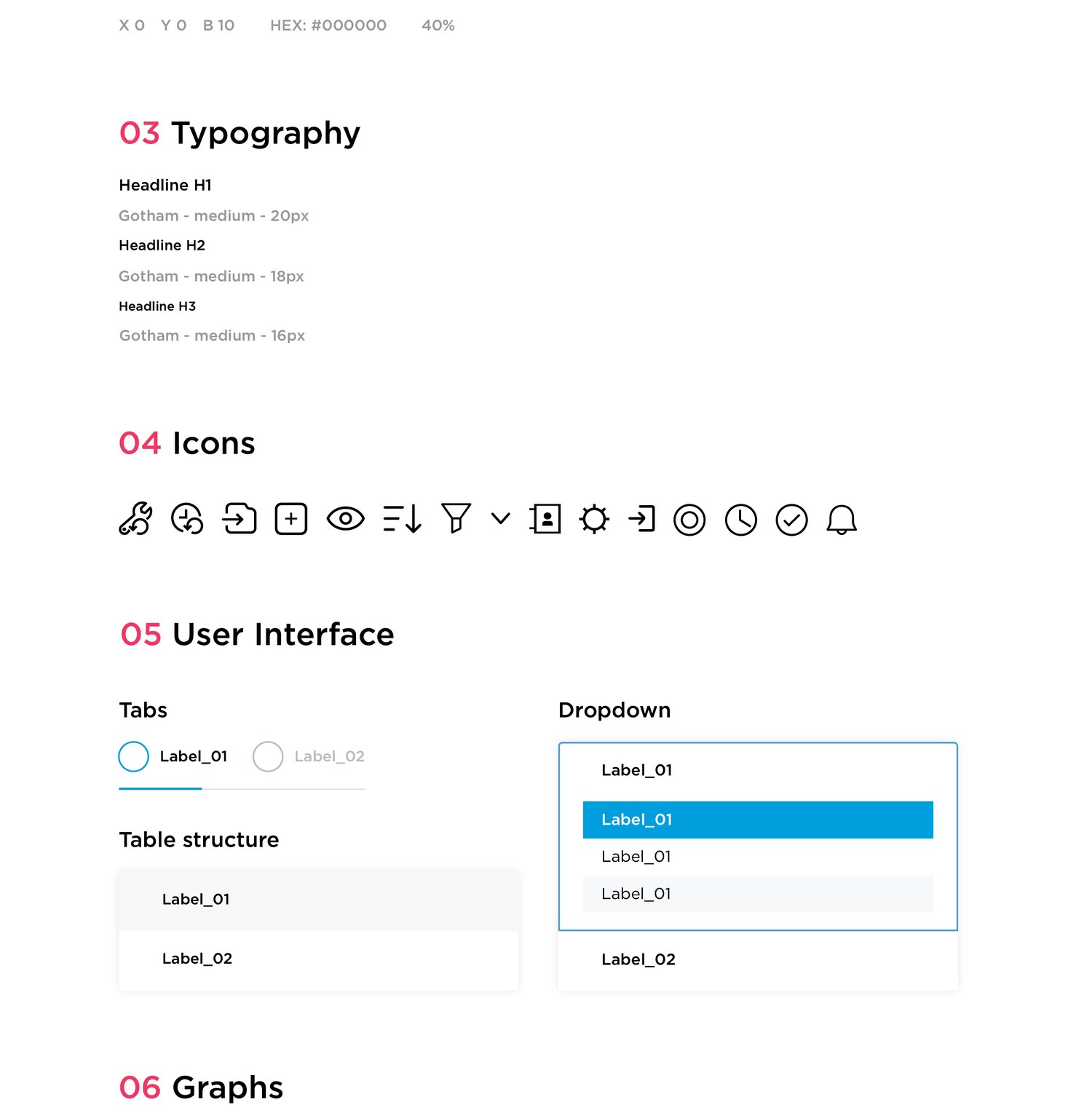 Clove style guide: typography scale, the icon set, and core UI components including tabs, dropdown, and table structure
