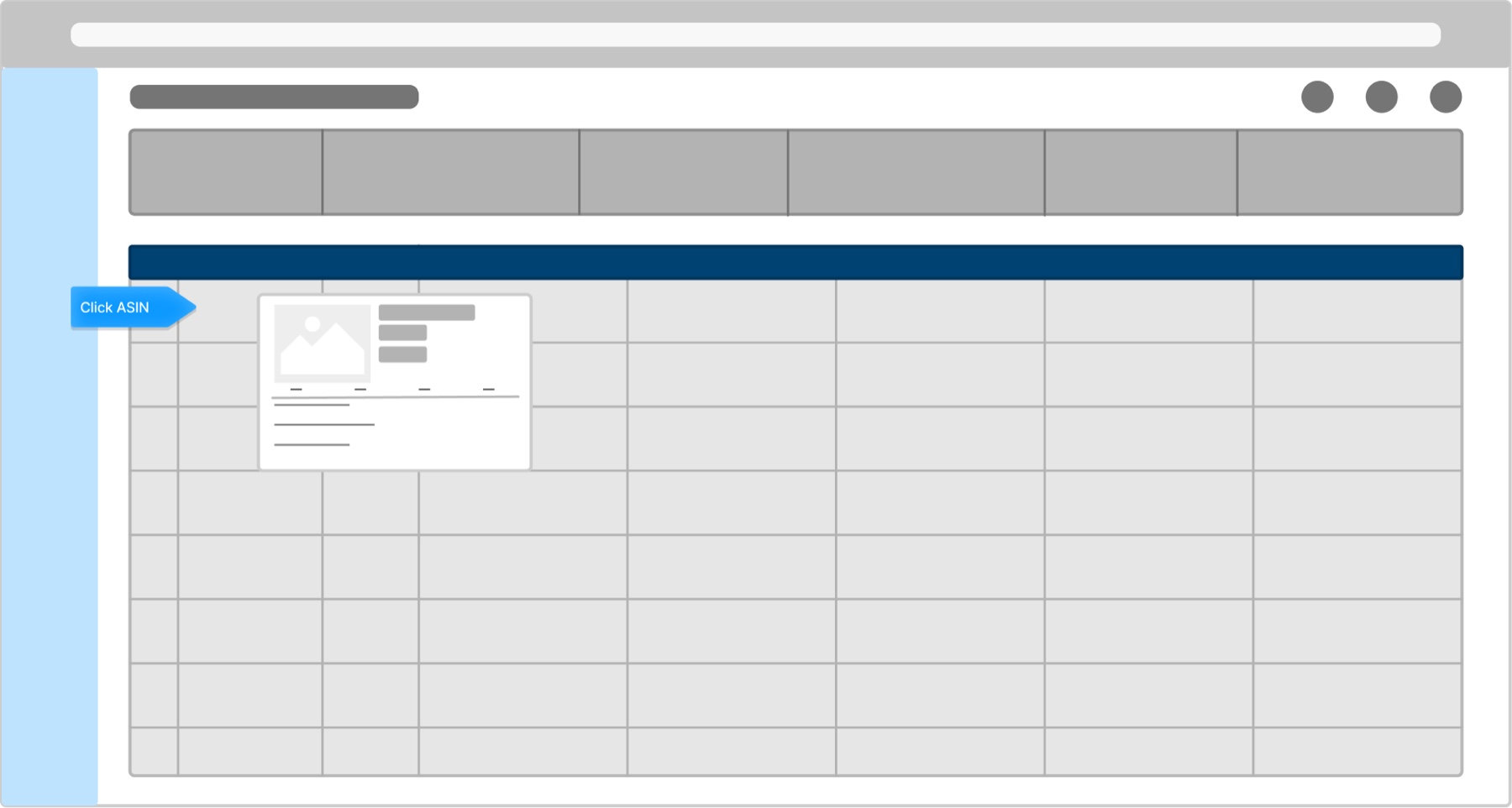 Low-fidelity wireframe of the data table with a Click ASIN annotation and a product hover card