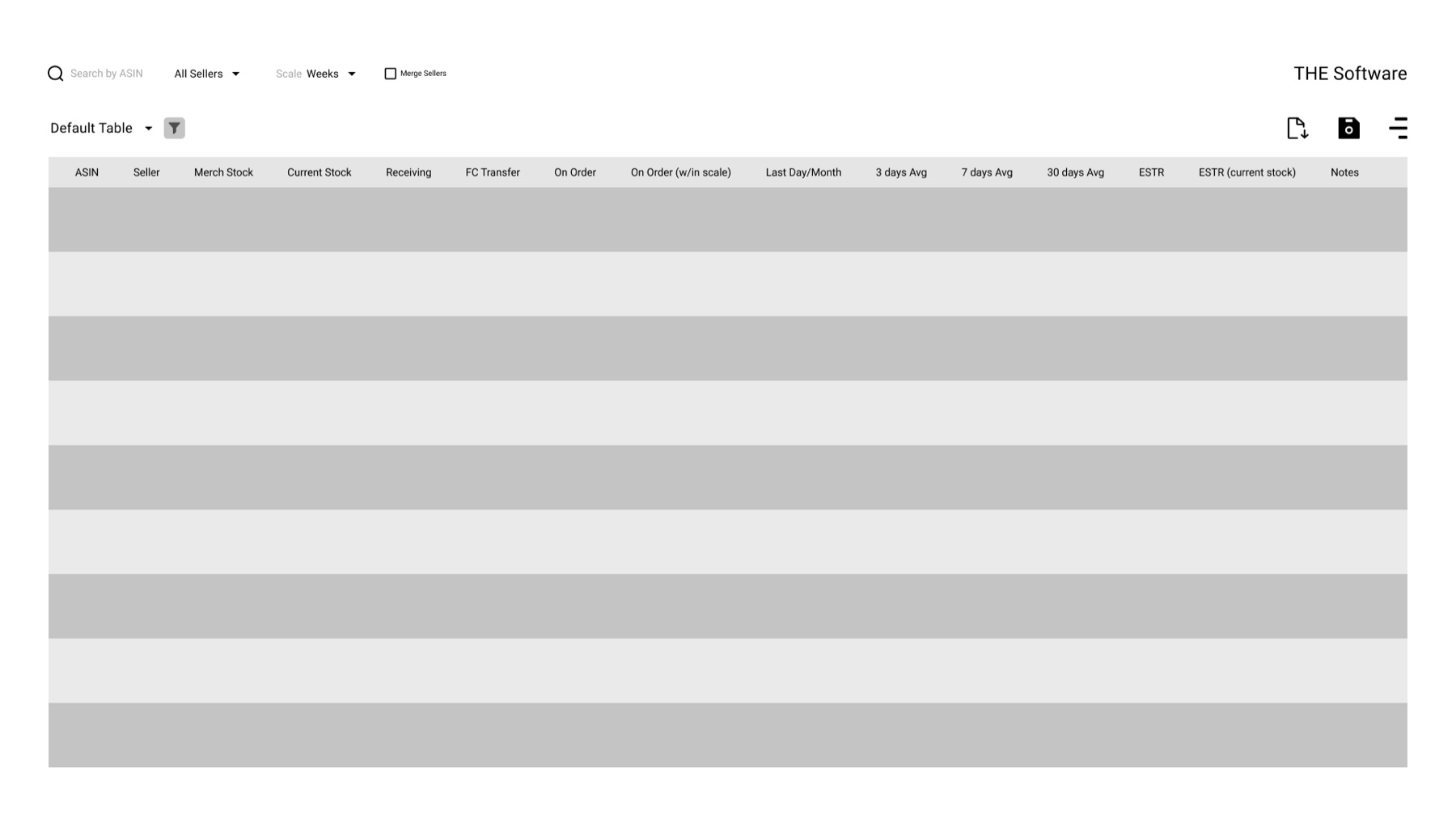 Mid-fidelity skeleton of the restock table with every column header in place