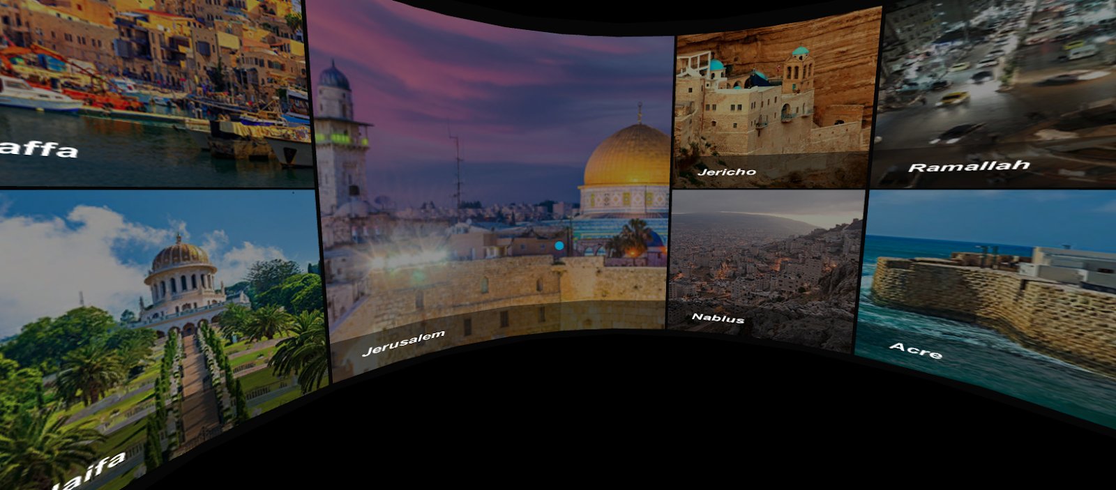 The VR location menu, a curved wall of destinations: Jaffa, Haifa, Jerusalem, Jericho, Nablus, Ramallah, Acre