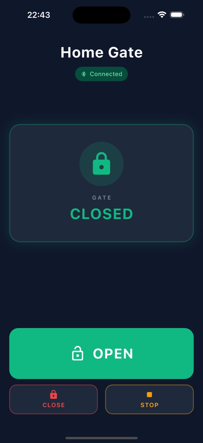 Home Gate app showing the gate closed with a large green open button