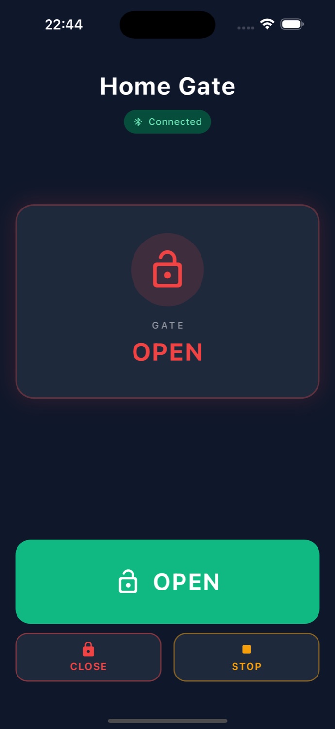 Home Gate app, gate OPEN: a red unlocked padlock and status card reading OPEN