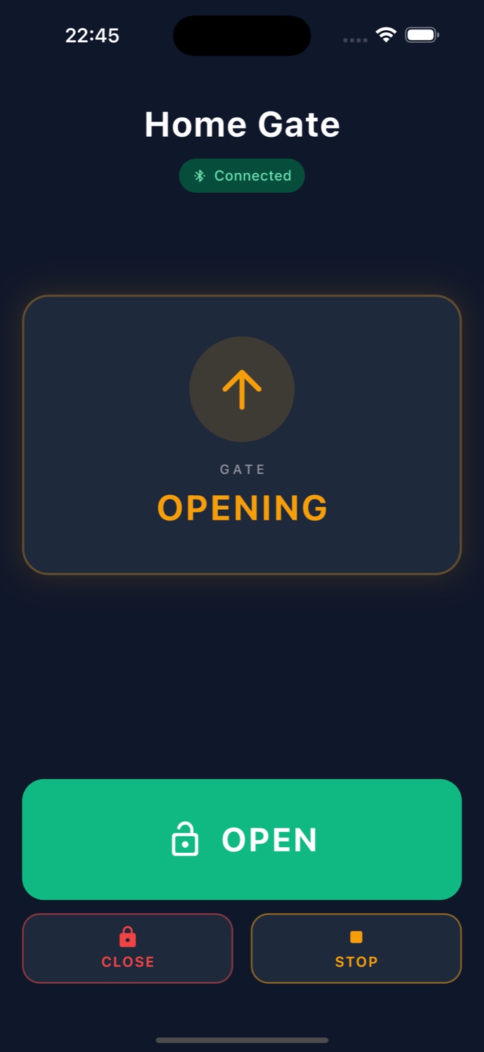 Home Gate app, gate OPENING: an amber up-arrow and status card reading OPENING