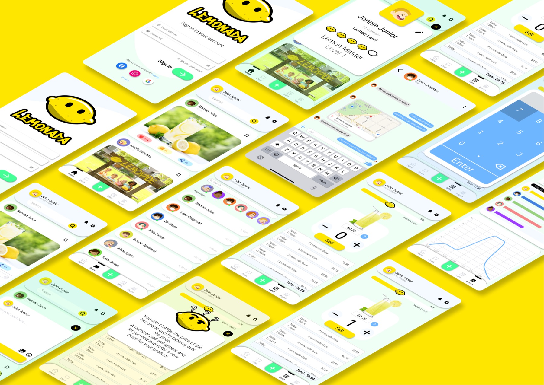 Two phones on a yellow ground: the Lemonada sign-in screen with the lemon mascot, and the sales report screen