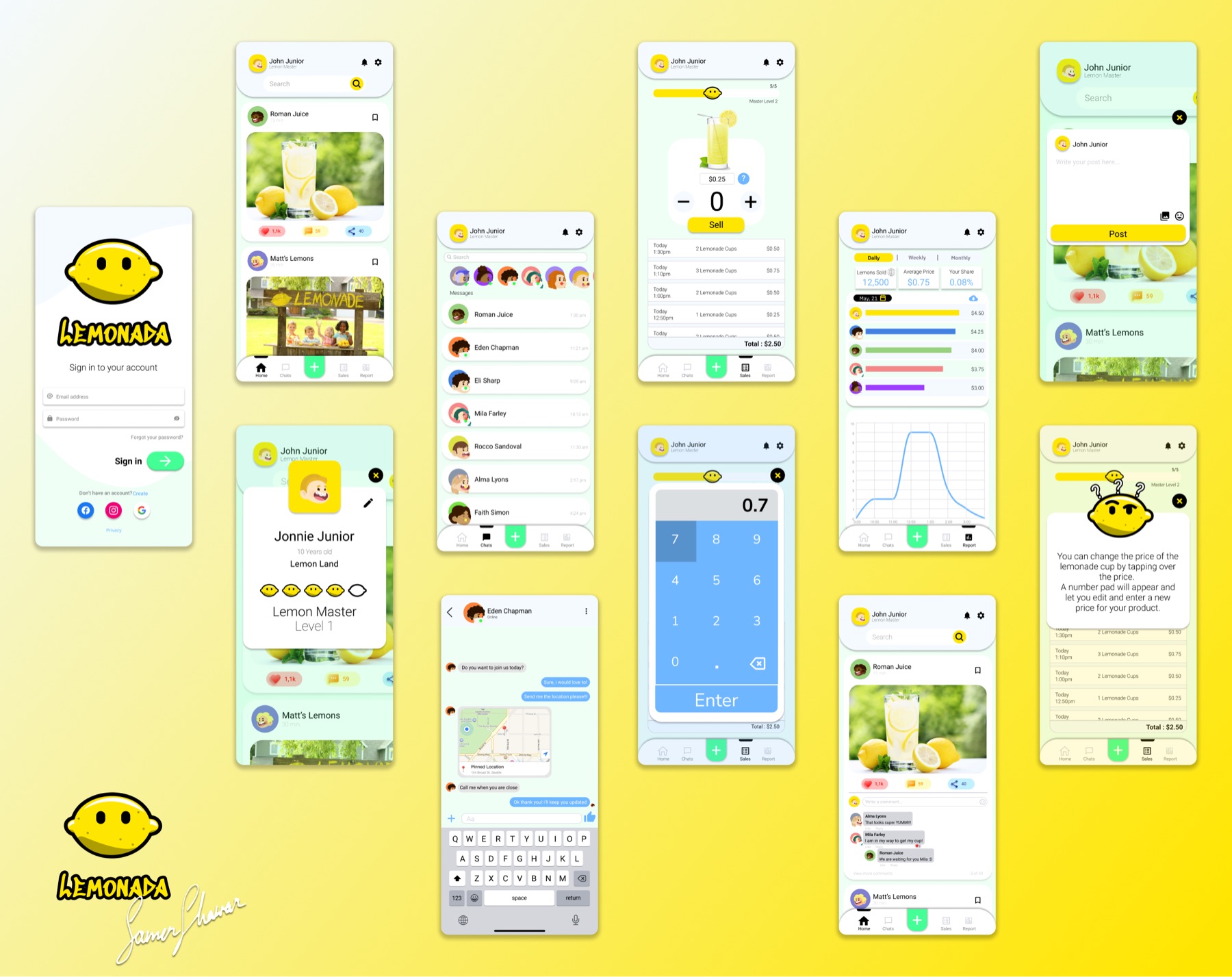 High-fidelity Lemonada app screens in yellow and green