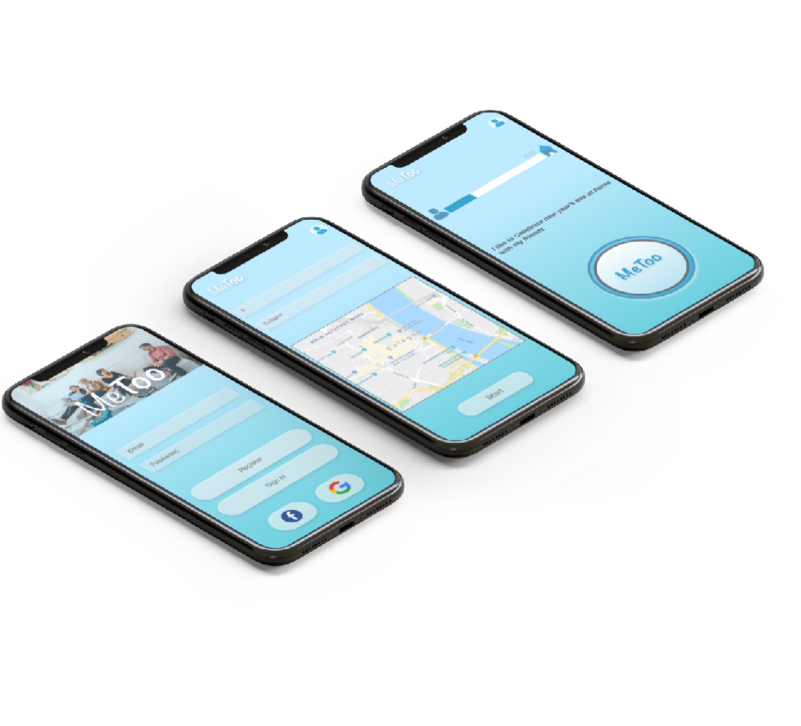 MeToo flatmate-finding app on three phones