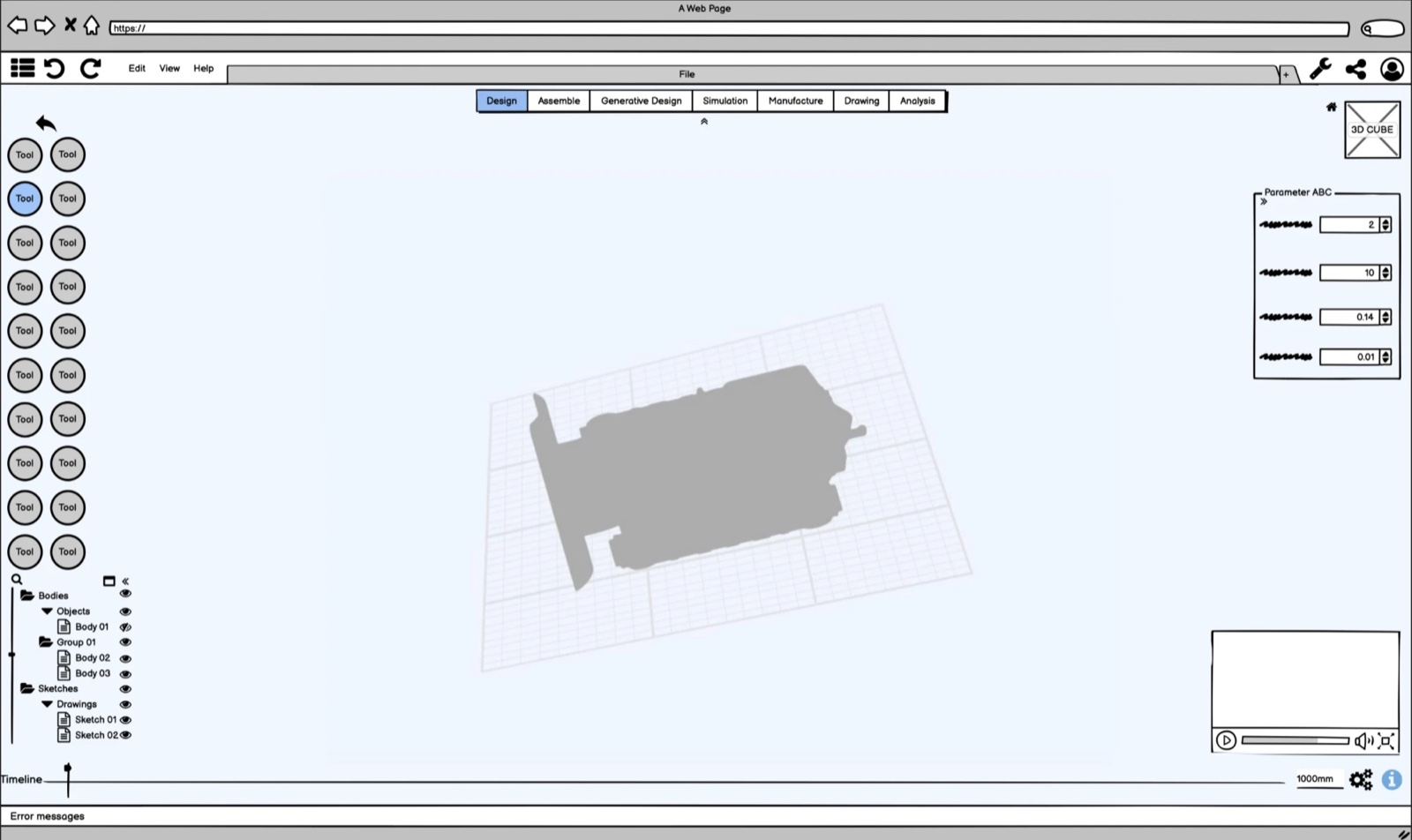 Browser-based 3D modeling interface: an expansive viewport with a model on the grid, a tool rail at the left, and a parameter panel at the right