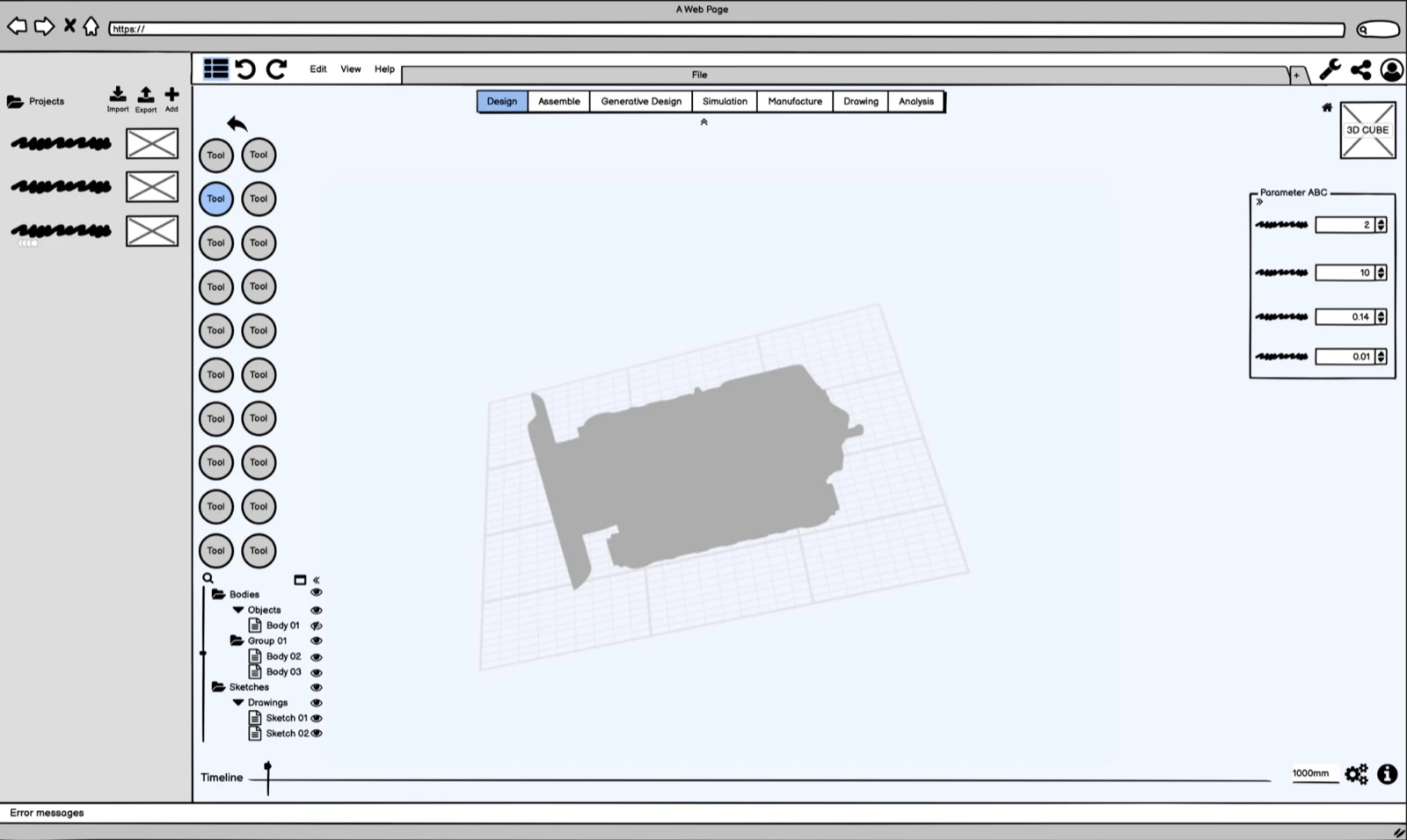 The same workspace with the projects rail expanded on the left, showing project thumbnails and import or export controls