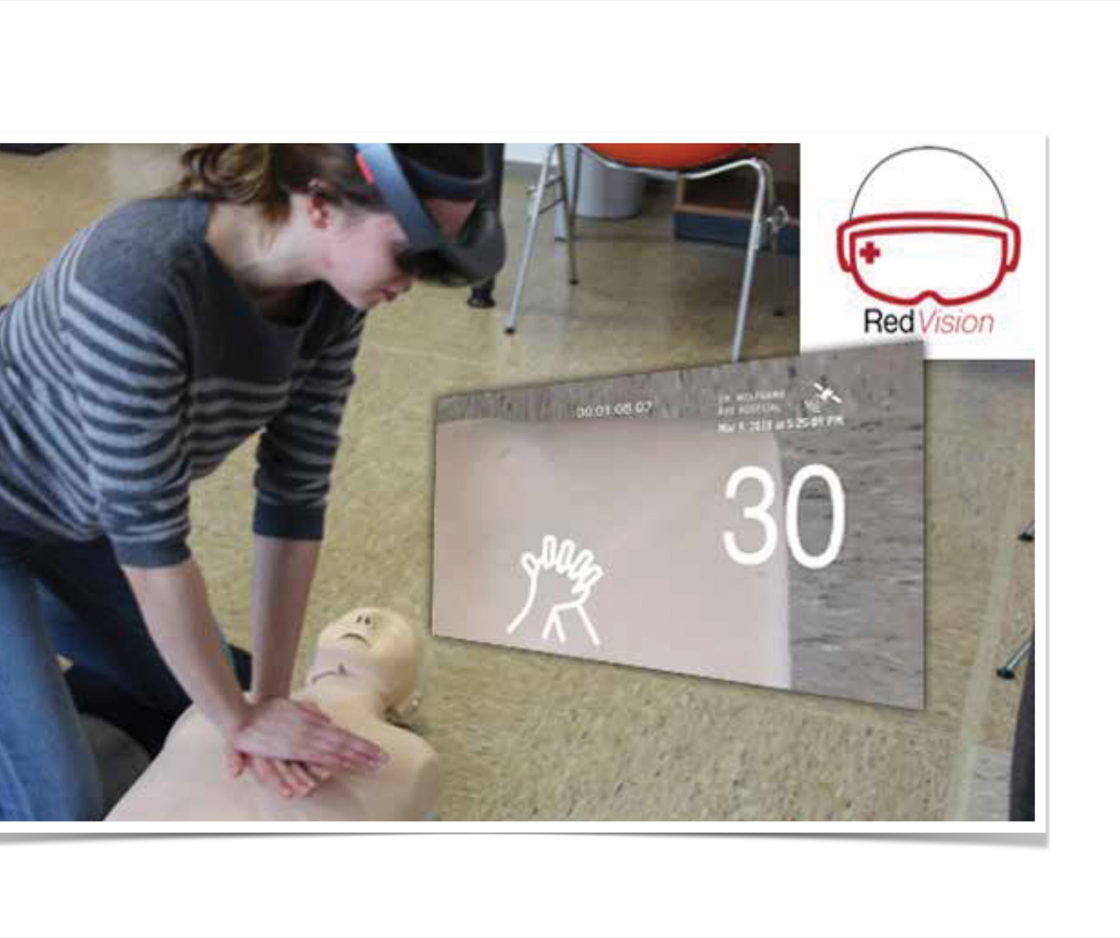 Usability test: a participant performs CPR on a manikin guided by an AR pacing counter