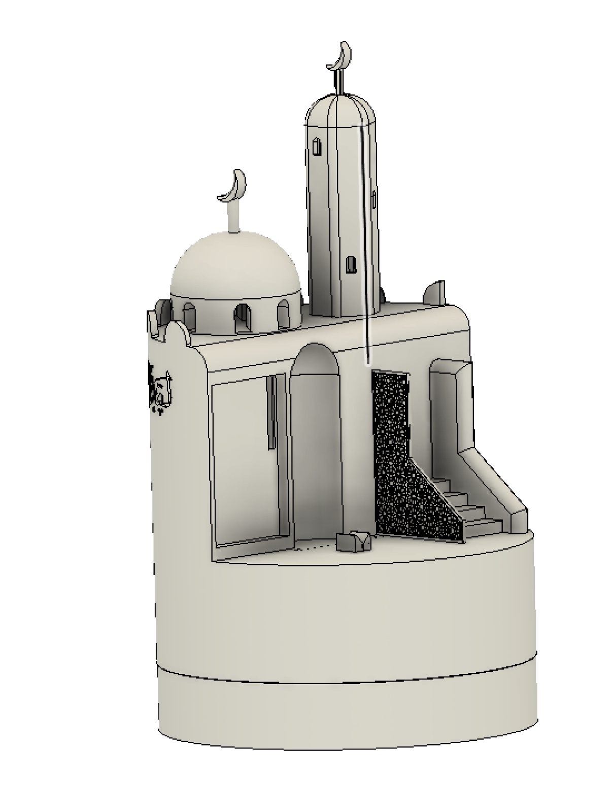 3D model of the robot shaped as a mosque: a dome, a minaret topped with a crescent, arches, and an interior stairway, on a cylindrical rotating base
