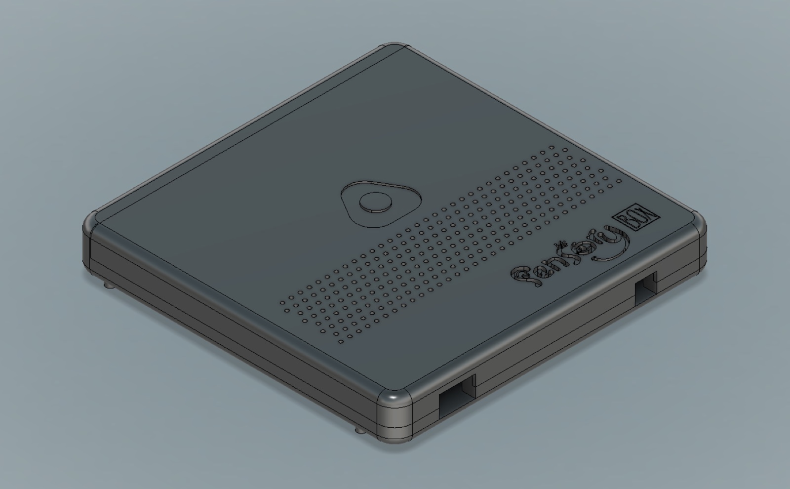 Assembled Sensory Box render showing ports and ventilation